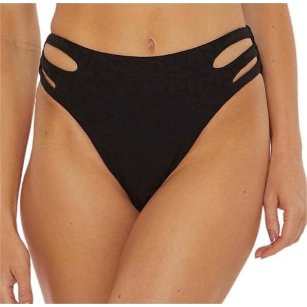 Trina Turk Womens Black Floral Jacquard High Waist Cut Out Bikini Bottom Size 6‎